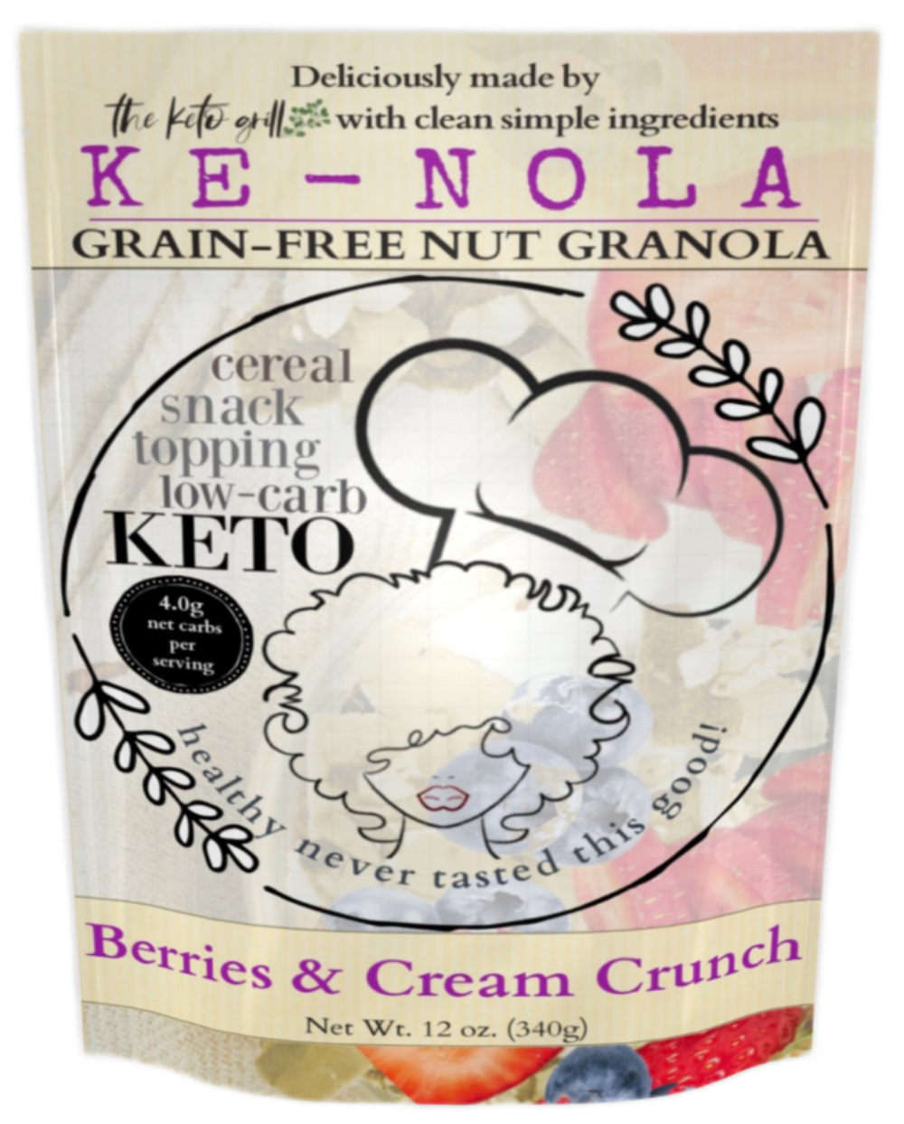 KE-NOLA GRAIN-FREE SOY-FREE GRANOLA Berries & Cream Crunch Low-Carb Grain-Free Soy-Free Granola, Cereal & Topping | 12 oz